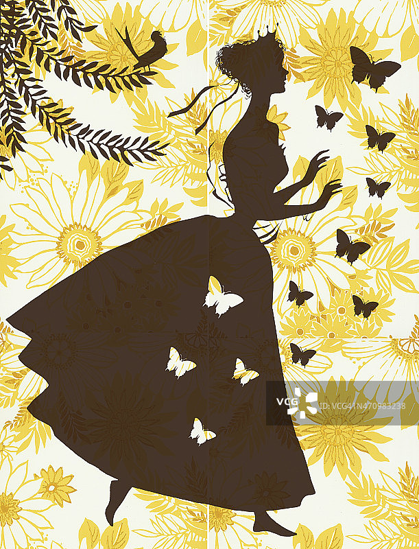 花卉背景上的女子剪影图片素材