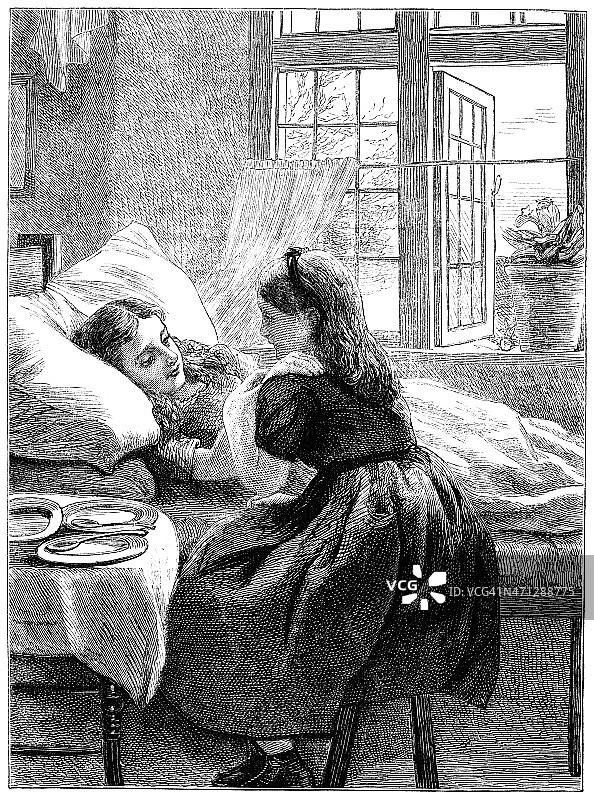 年轻的维多利亚时代女孩安慰生病的朋友图片素材