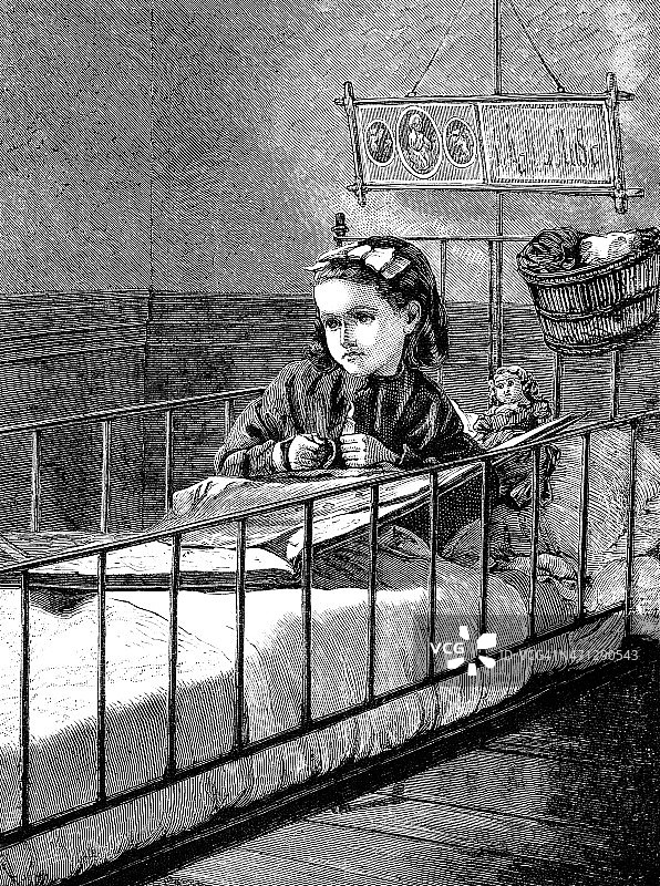 维多利亚时期卧床不起的悲伤小病人图片素材