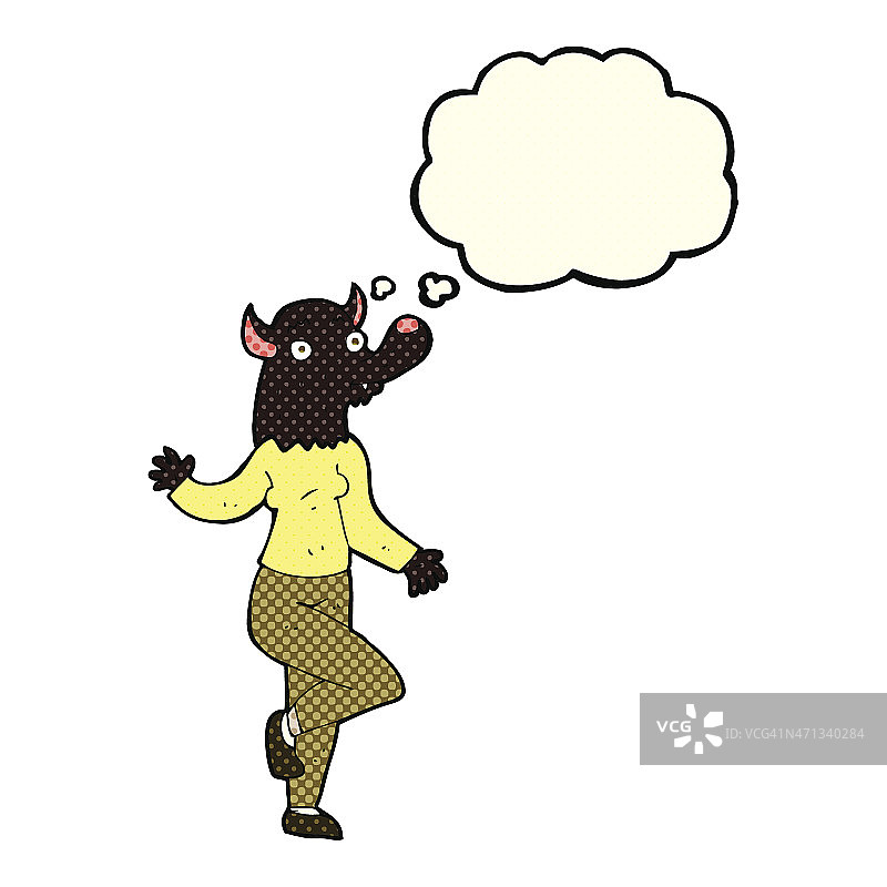 卡通跳舞狼人女性与思考泡泡图片素材