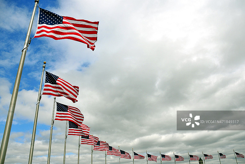 美国华盛顿特区：美国国旗环绕，华盛顿纪念碑图片素材