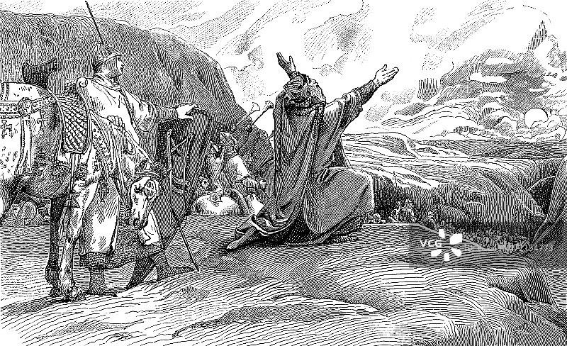 查理曼大帝阻止太阳 - 古董插画图片素材