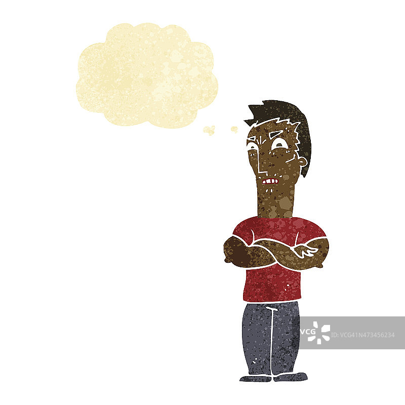 卡通恼怒的男子，双手交叉，带有想法气泡图片素材