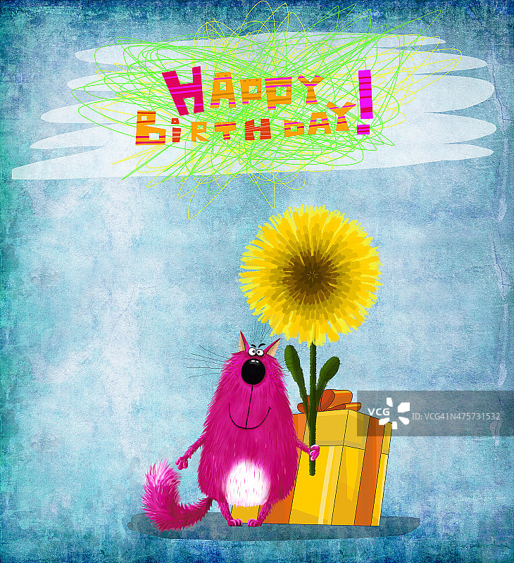 粉色小猫与黄色大花的生日贺卡图片素材