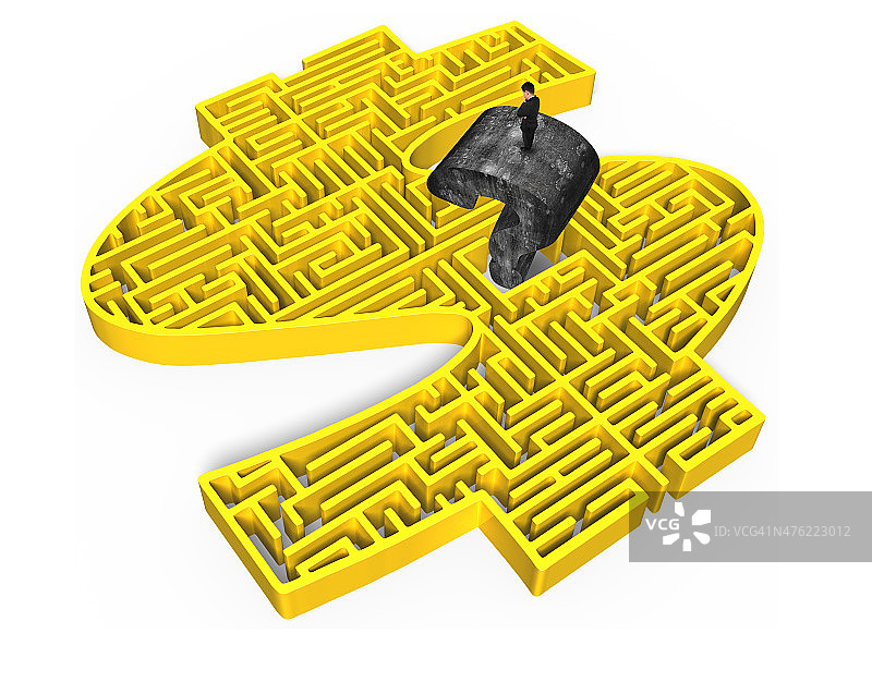站在旧问号黄色3D迷宫中心的男人图片素材
