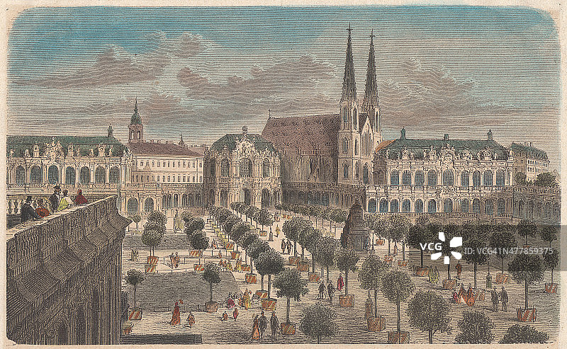 德累斯顿茨温格宫和索菲教堂（已拆毁）手绘彩色木刻，约1880年出版图片素材