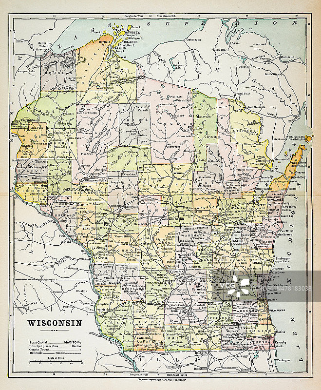 1883年威斯康星州地图图片素材