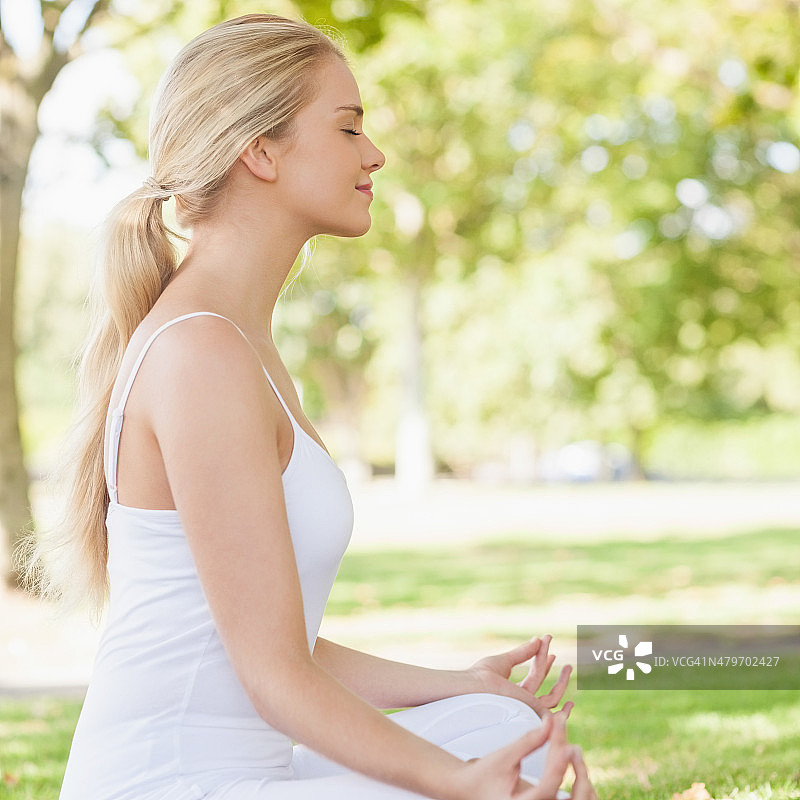 在公园里冥想的平静马尾辫女人的侧视图图片素材