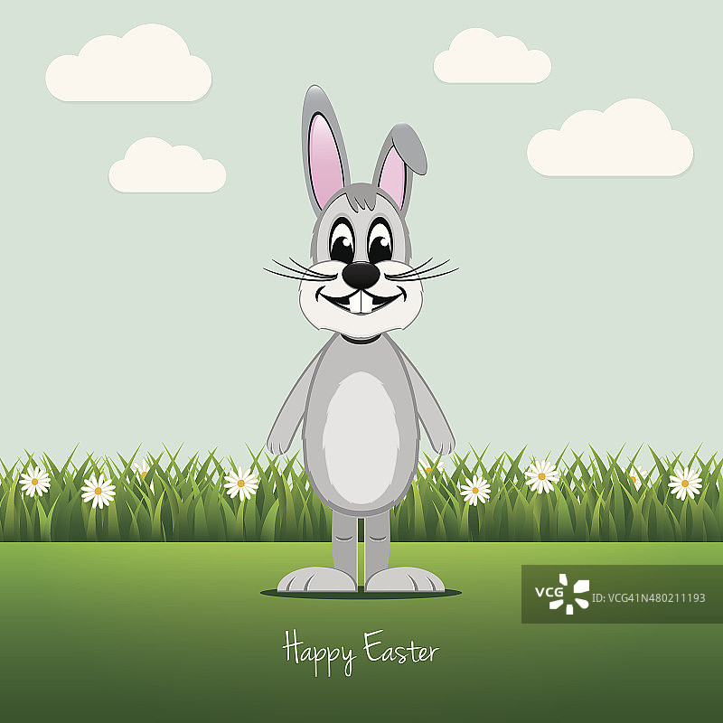 灰色兔子在绿色草地雏菊上，复活节快乐图片素材