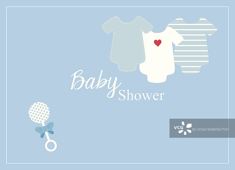 婴儿连体衣和小摇铃婴儿派对邀请卡图片素材