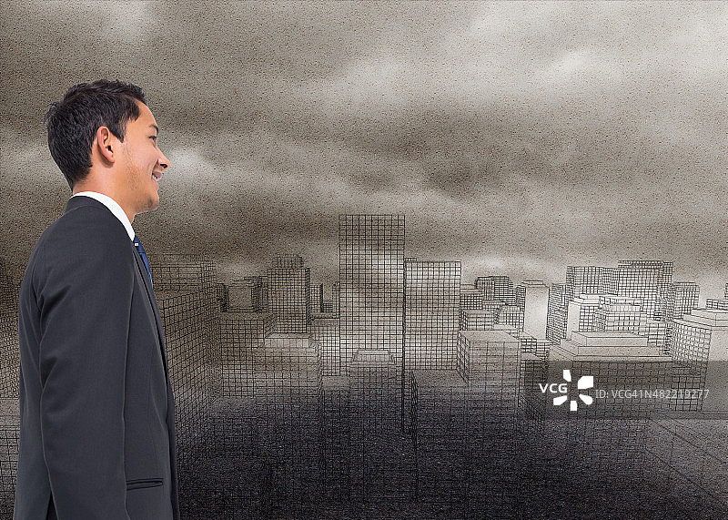 雾中数字城市的商务人士合成图像图片素材