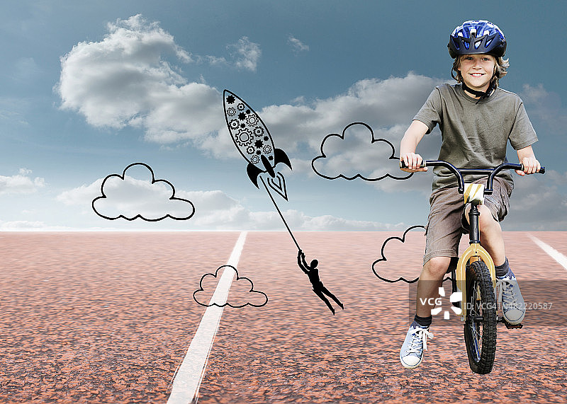 男孩和自行车的合成图图片素材