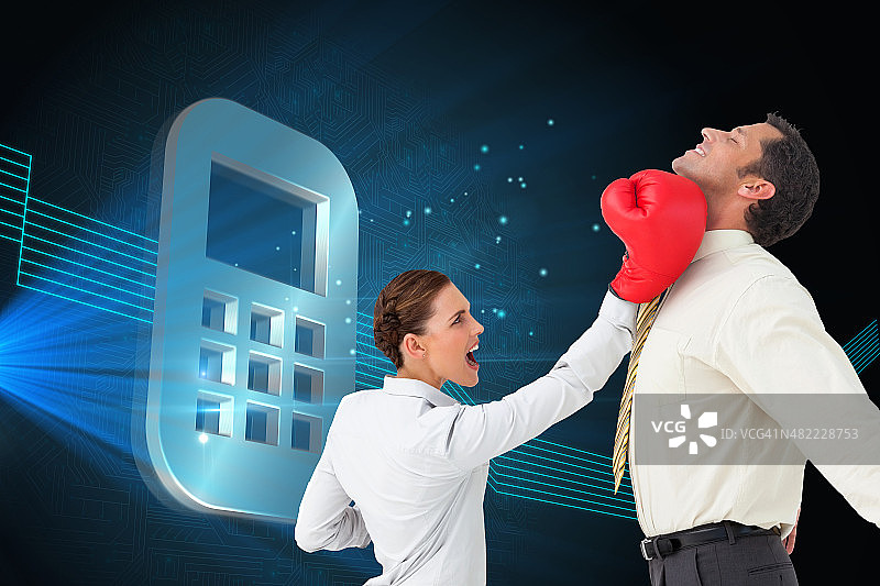 商务女性戴拳击手套击打男商人的合成图像图片素材