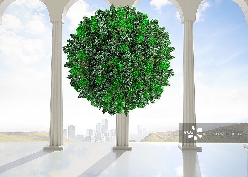 房间里漂浮的绿色天然球体图片素材