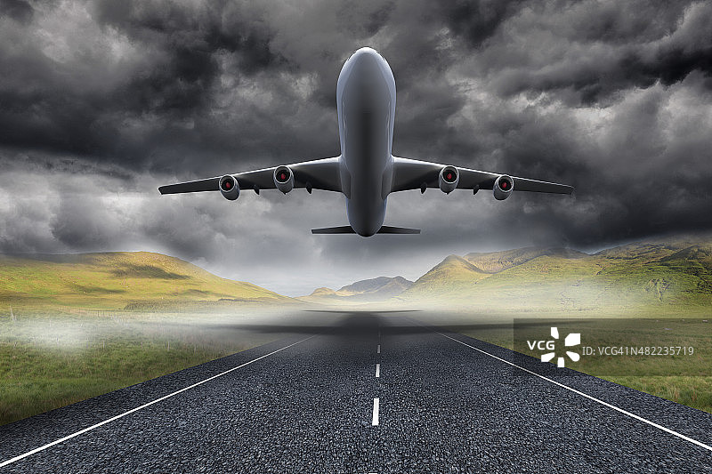3D飞机在街道上起飞图片素材
