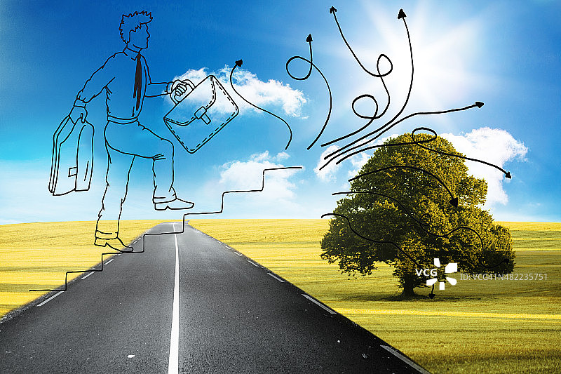 漫画风格男人攀登道路阶梯图片素材