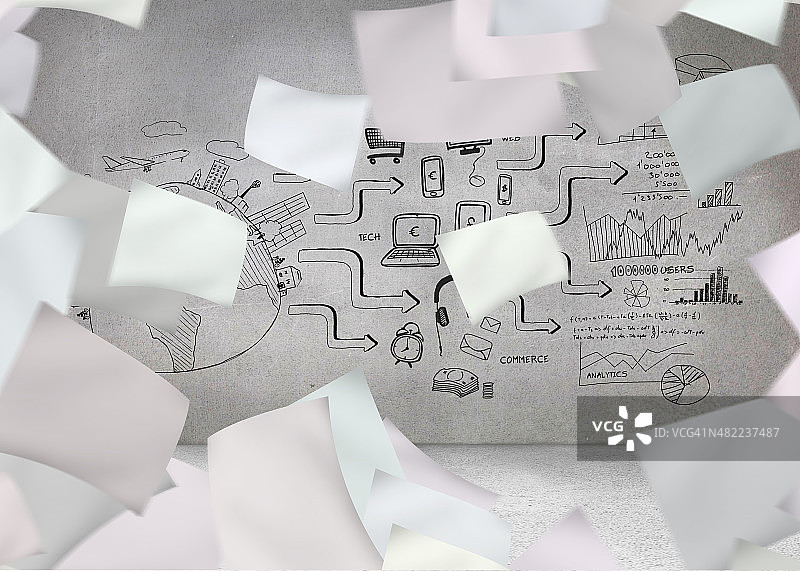 带有图案的灰色墙面上的白纸图片素材