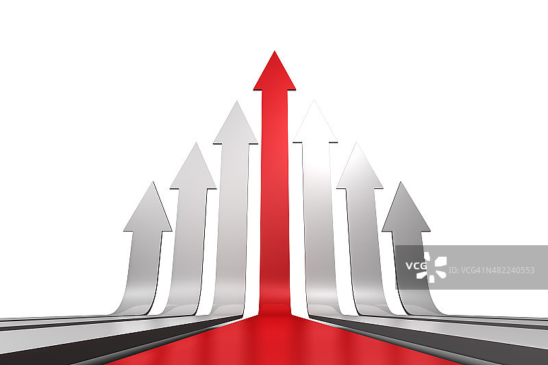 红色箭头指向上方，周围是灰色箭头图片素材