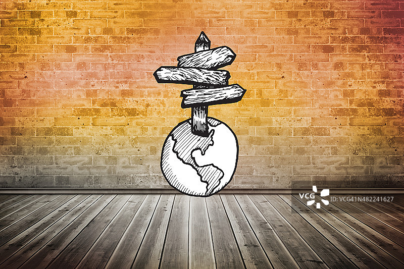 砖砌墙上的标志地球仪图片素材