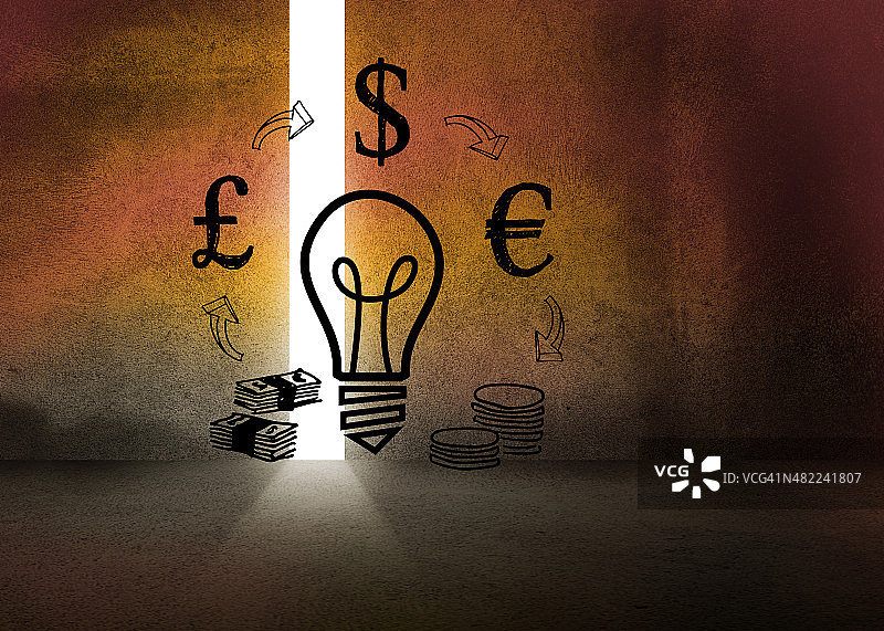 黑暗房间里的灯泡与金钱图片素材