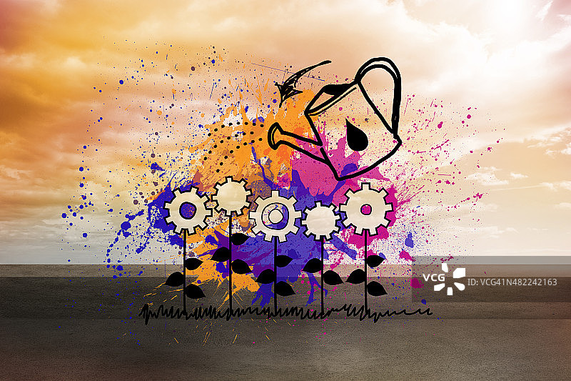 明亮天空下的齿轮花朵与罐子图片素材