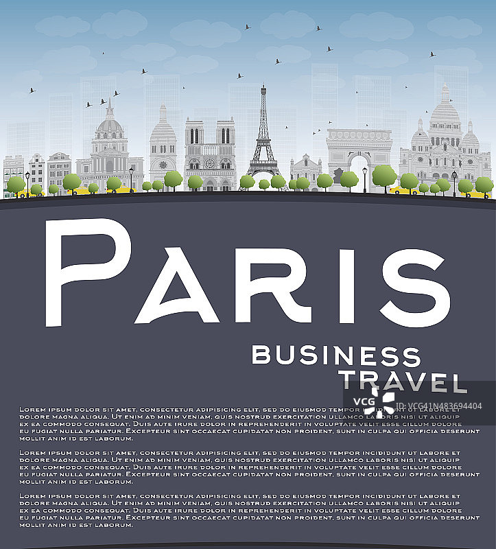 灰色地标、蓝色天空下的巴黎天际线（含文案空间）图片素材