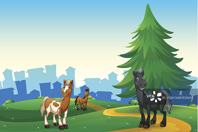 村庄山顶上的三匹马图片素材