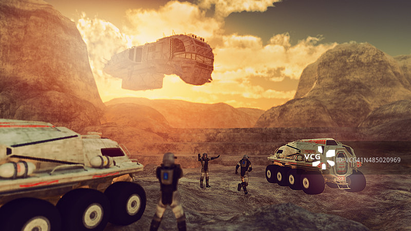 在遥远星球上发现不明飞行物飞船的宇航员图片素材