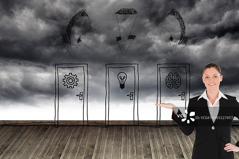 穿着西装的迷人女性展示空白区域的合成图像图片素材