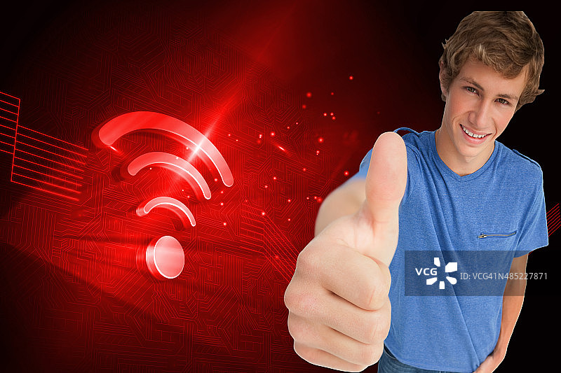 鱼眼镜头下的男学生点赞合成图图片素材