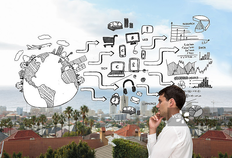 若有所思的年轻商人望向远方的合成图像图片素材