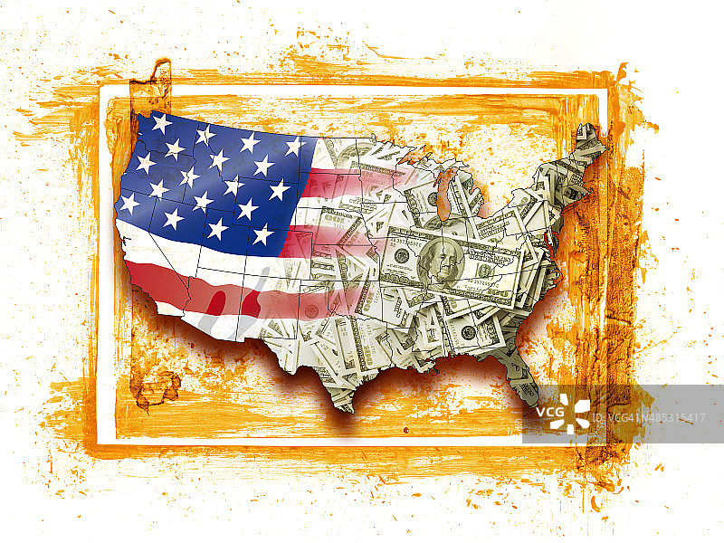 带100美元钞票和国旗的美国地图图片素材