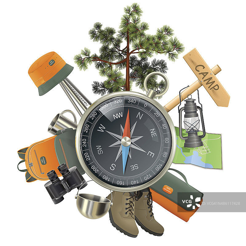 带指南针的矢量露营概念图片素材