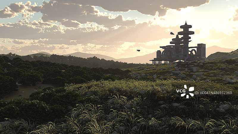 未来城市傍晚航拍景观图片素材