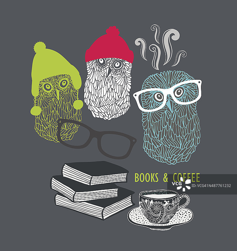 三只抱着书，端着咖啡杯的可爱猫头鹰图片素材