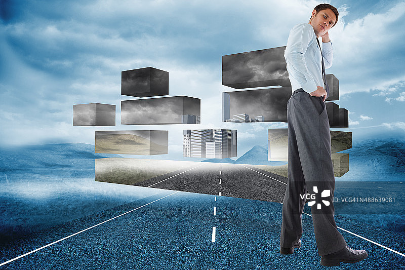 手扶头思考的商人合成图图片素材