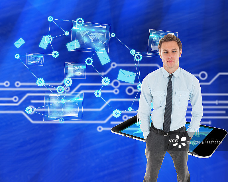 严肃的商人站立，双手插在口袋里的合成图像图片素材