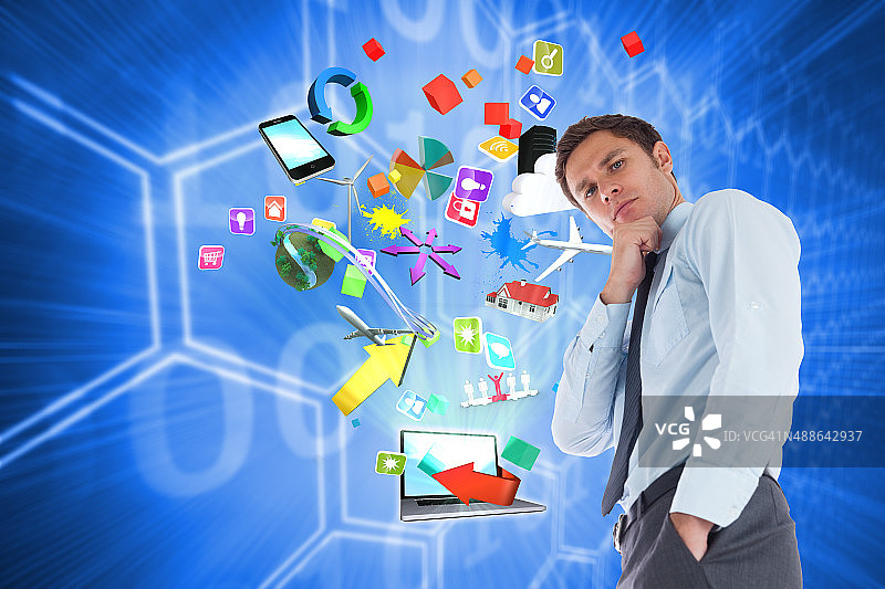 深思熟虑的商人手托着下巴的合成图像图片素材