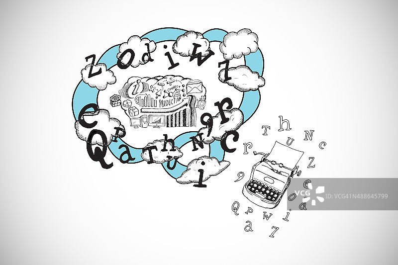 头脑风暴和云计算涂鸦与打字机的合成图像图片素材