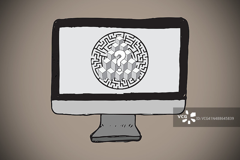 电脑屏幕上迷宫中的问号合成图图片素材