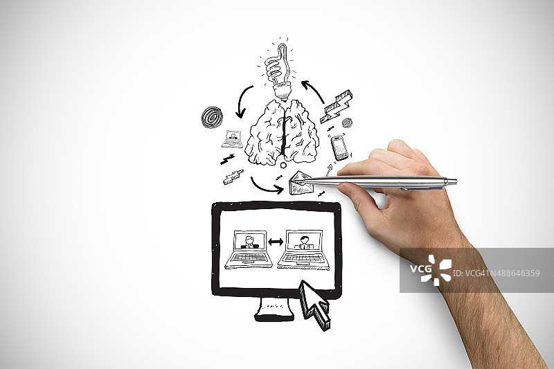 手握银笔的合成图像图片素材