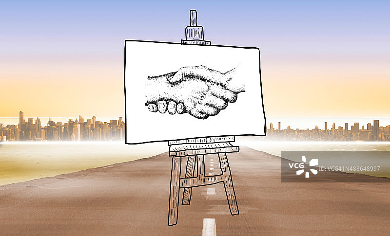 画架上握手涂鸦的合成图像图片素材