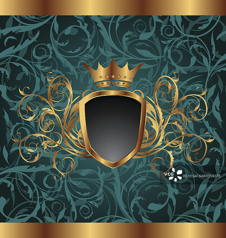 金色复古边框与纹章元素（皇冠，盾牌）无缝拼接图片素材