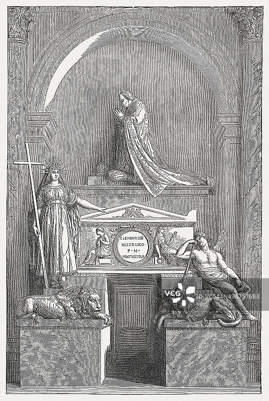 卡诺瓦创作的克雷芒十三世教皇之墓，1878年出版图片素材