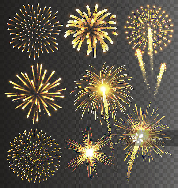 透明背景上绽放的金色节日礼花图片素材