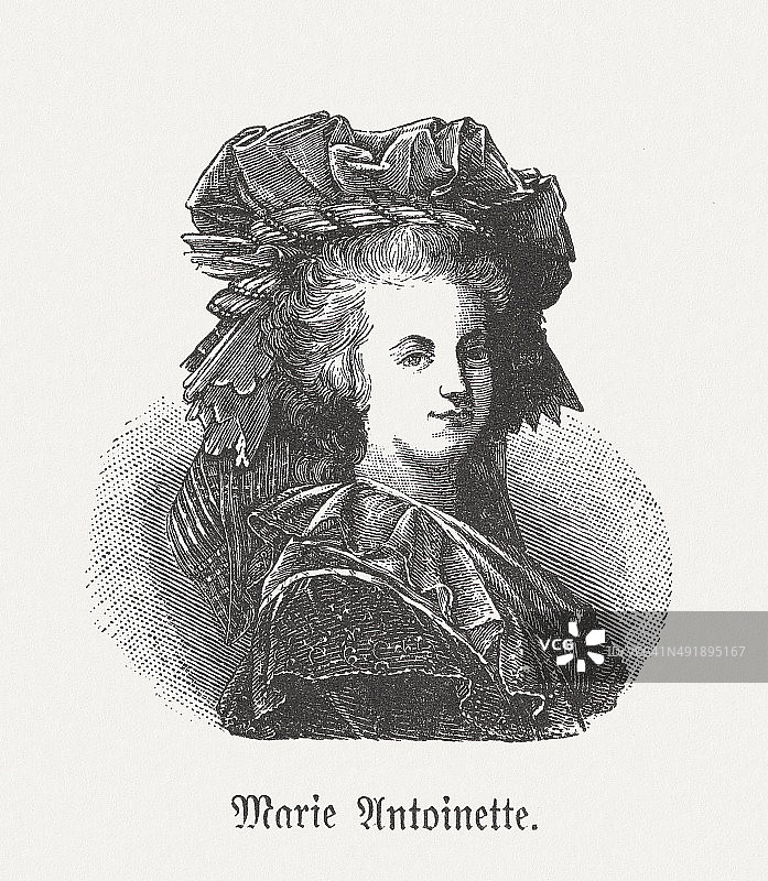 法国王后玛丽·安托瓦内特（1755-1793），1881年出版的木刻版画图片素材