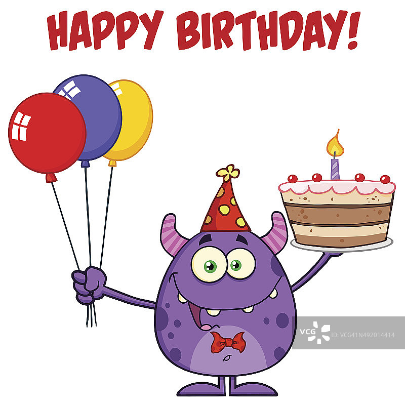 举着带有文字的生日蛋糕的滑稽怪物图片素材