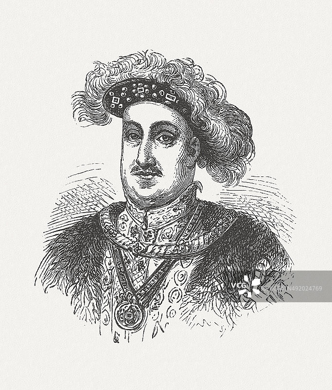 英国国王亨利八世（1491-1547），1881年出版的木刻版画图片素材