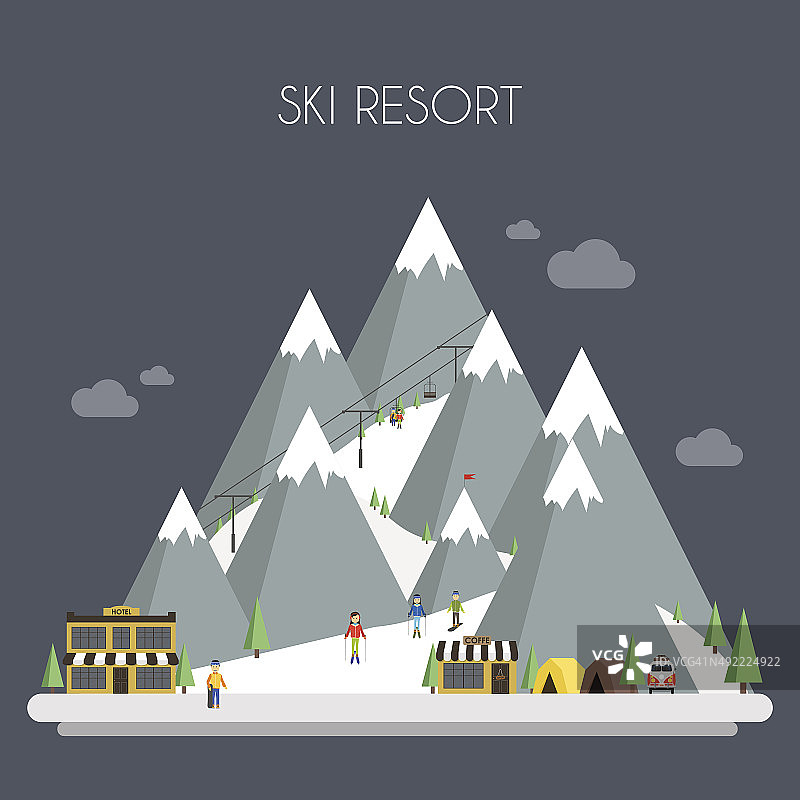 滑雪胜地山地景观矢量扁平设计图片素材