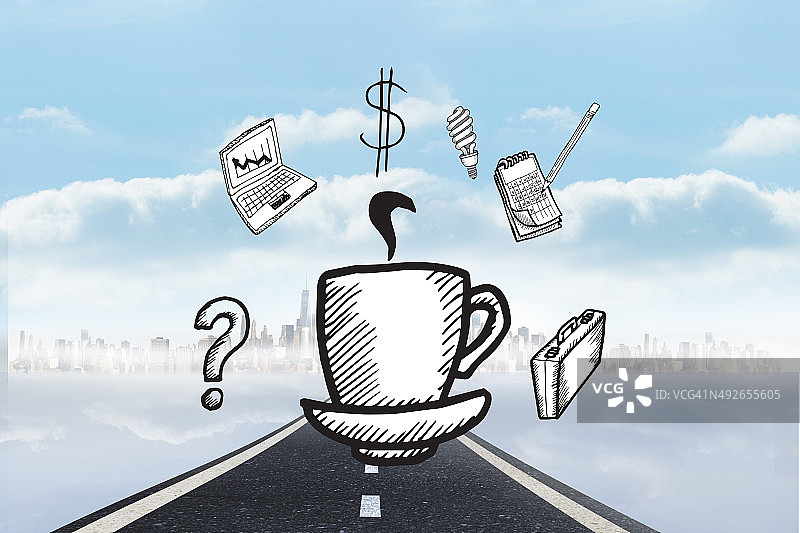 带有商务图标的咖啡杯涂鸦合成图像图片素材